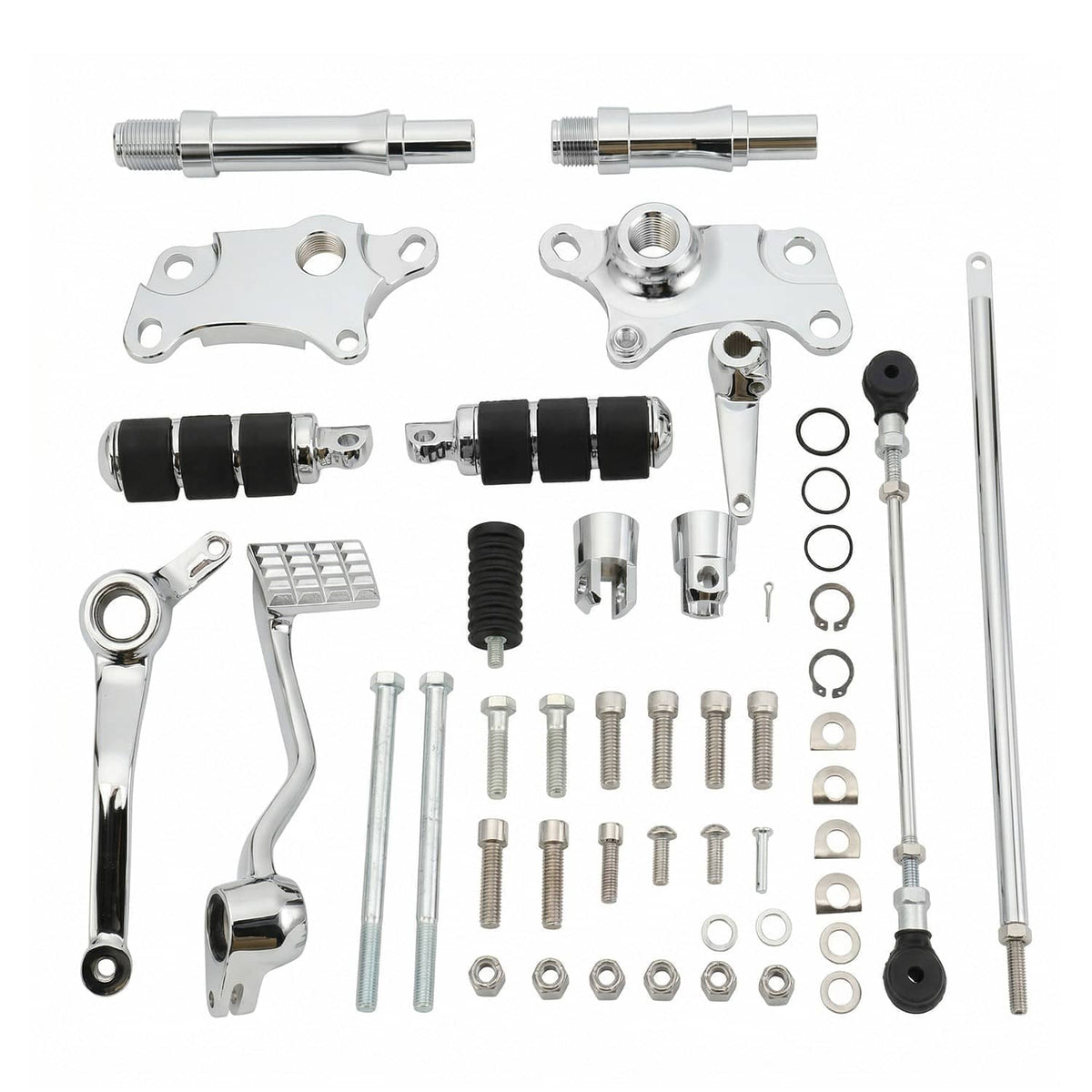 Motorcycle forward control pegs and levers linkage kit with chrome rods, black rubber and hardware