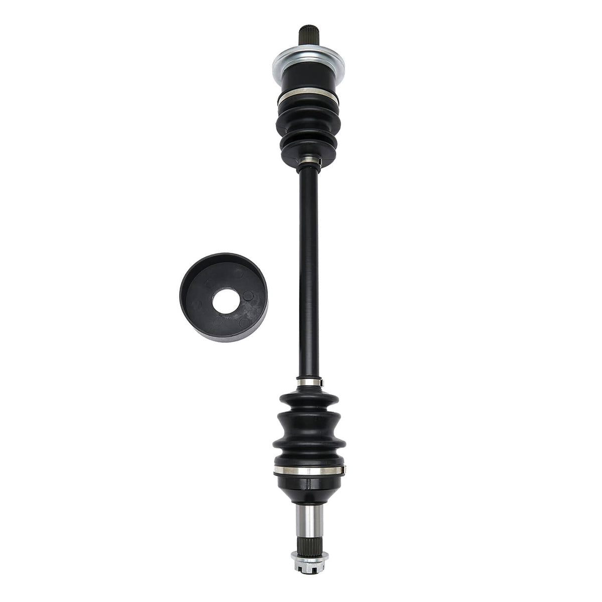 Single CV joint axle end with round plate and black boot
