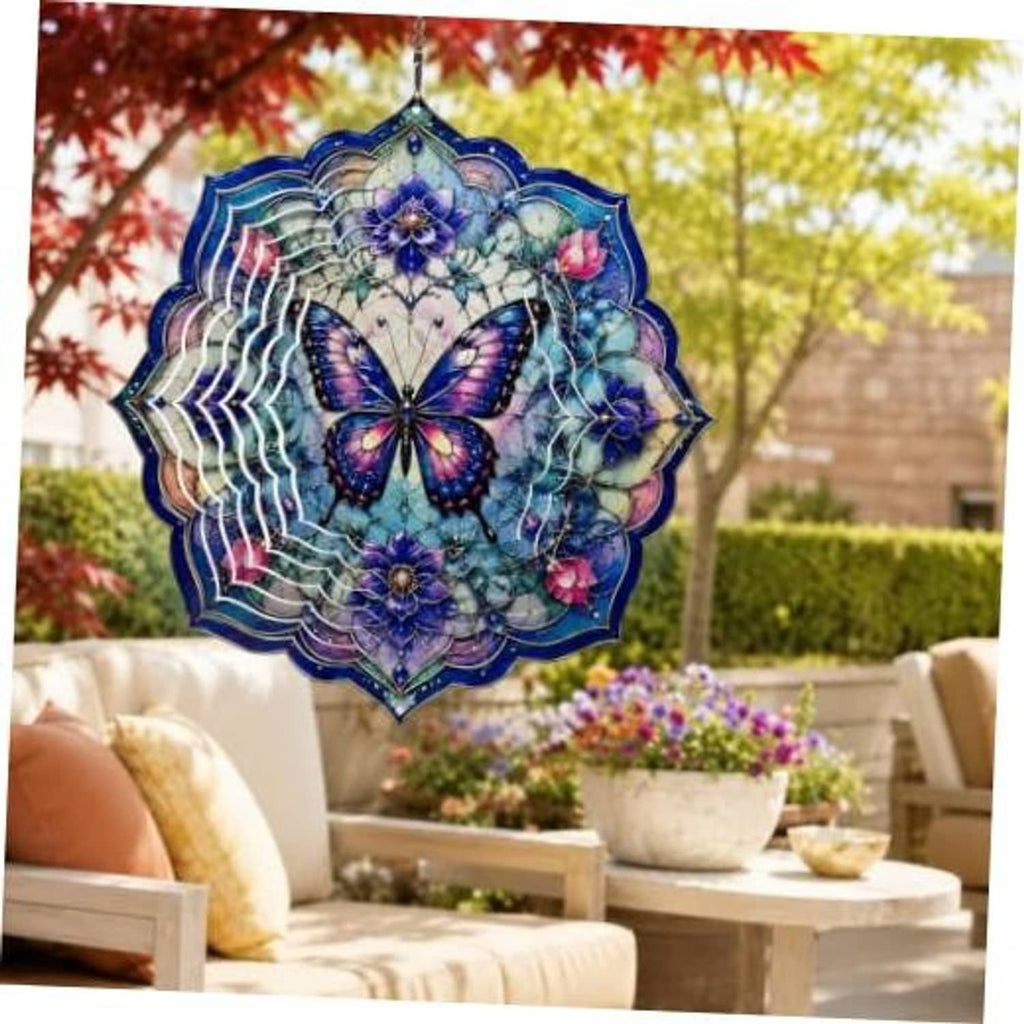 Purple and blue hanging butterfly wind spinner with ornate mandala ring design