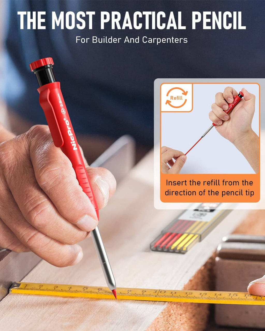Red mechanical carpenter pencil with metal tip and black companion pencil on a workbench.