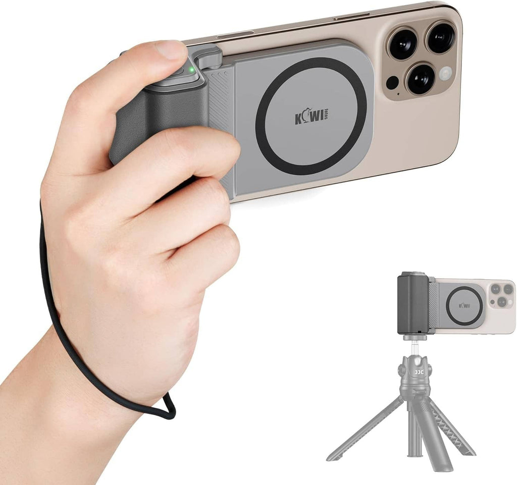 Gray magnetic phone grip with camera control, attached to phone case and tripod