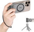 Gray magnetic phone grip with camera control, attached to phone case and tripod