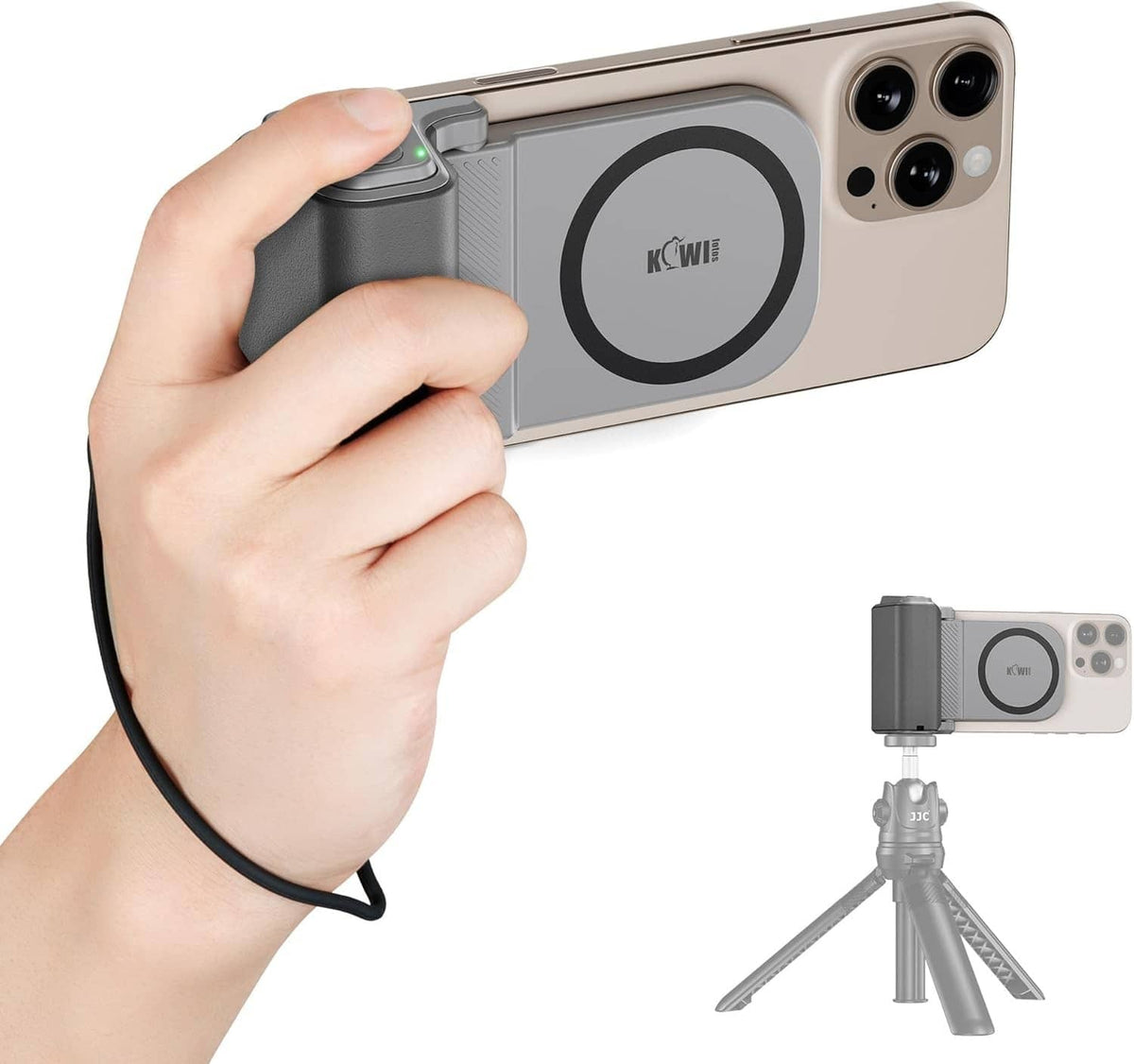Gray magnetic phone grip with camera control, attached to phone case and tripod