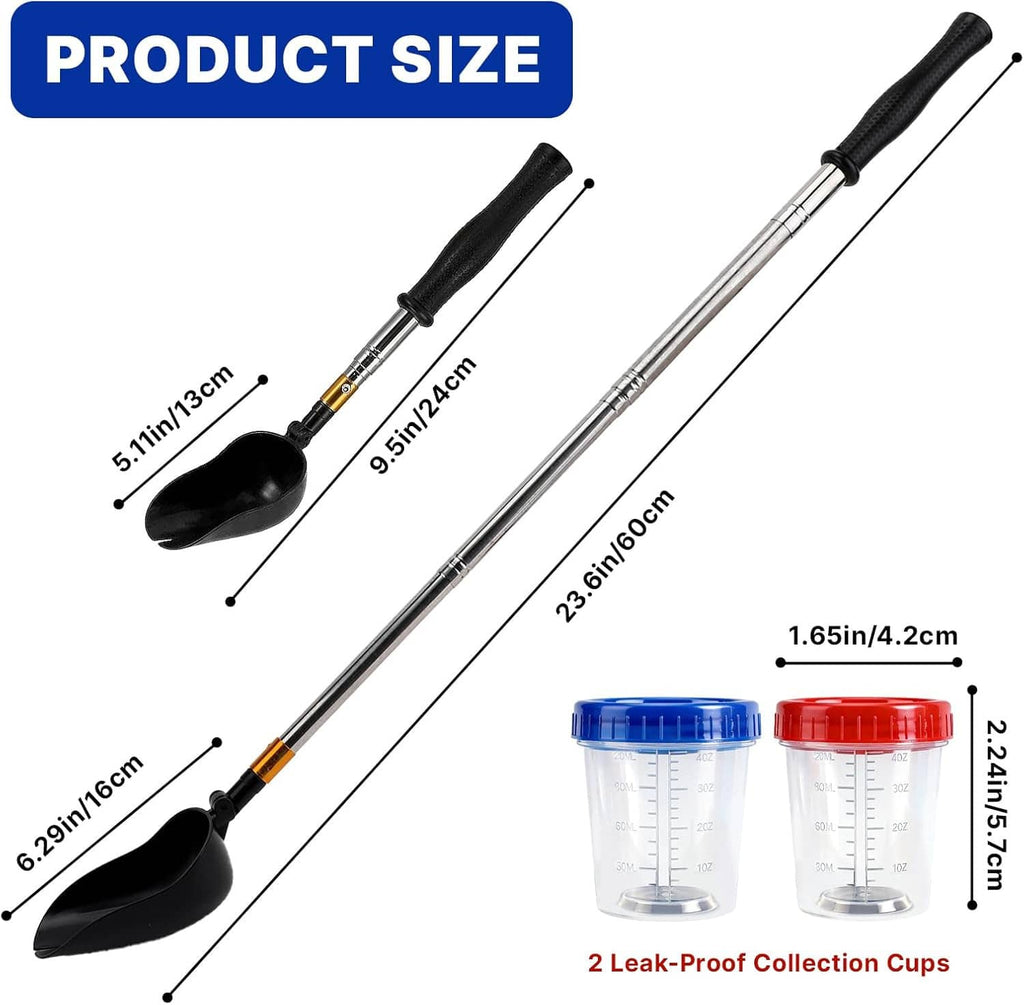 Telescopic urine collector with adjustable stick, two black scoops, and two leak-proof cups