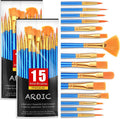 Acrylic paint brush set with blue handles and orange bristles, shown with product boxes