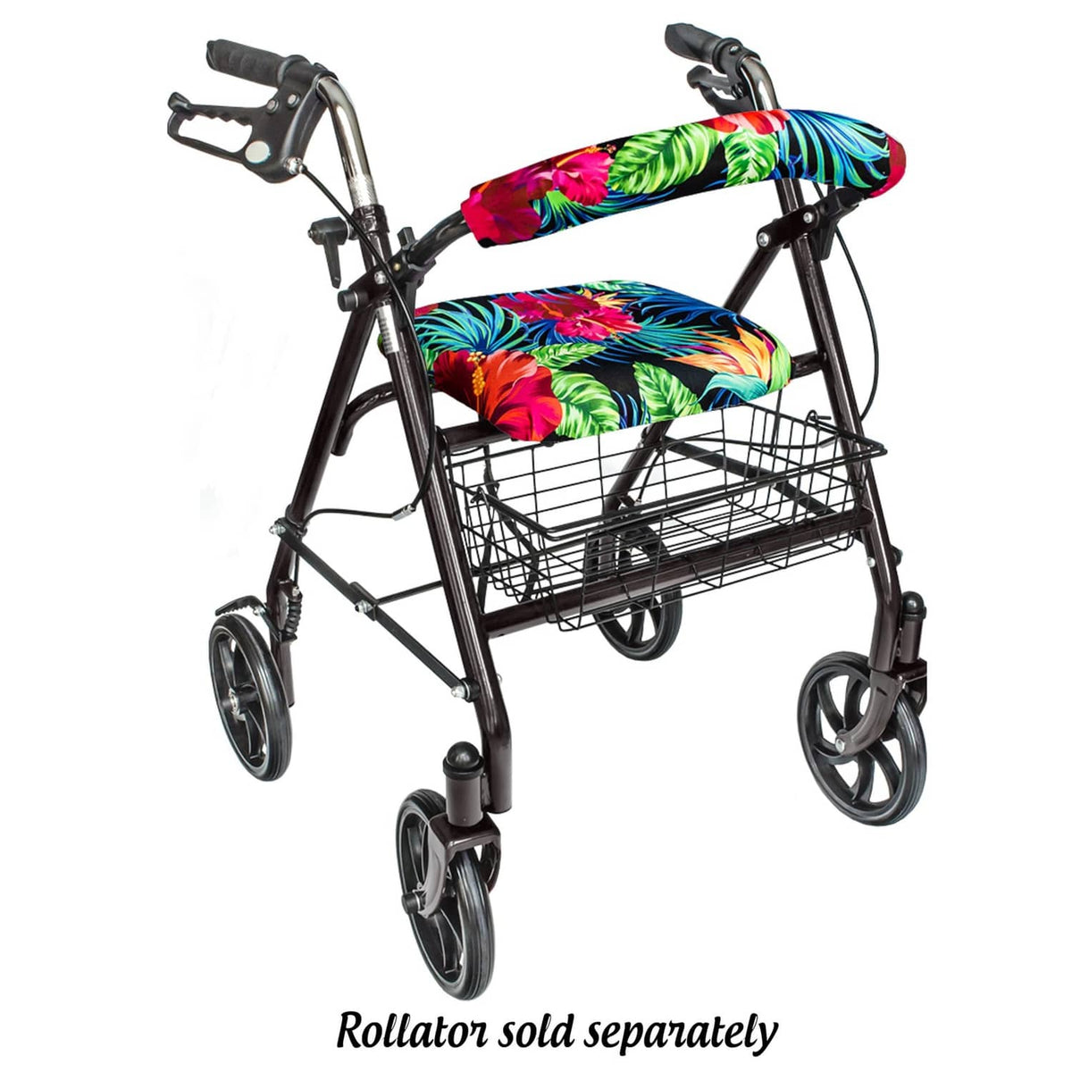 Universal rollator seat and backrest covers in tropical floral print on walker.