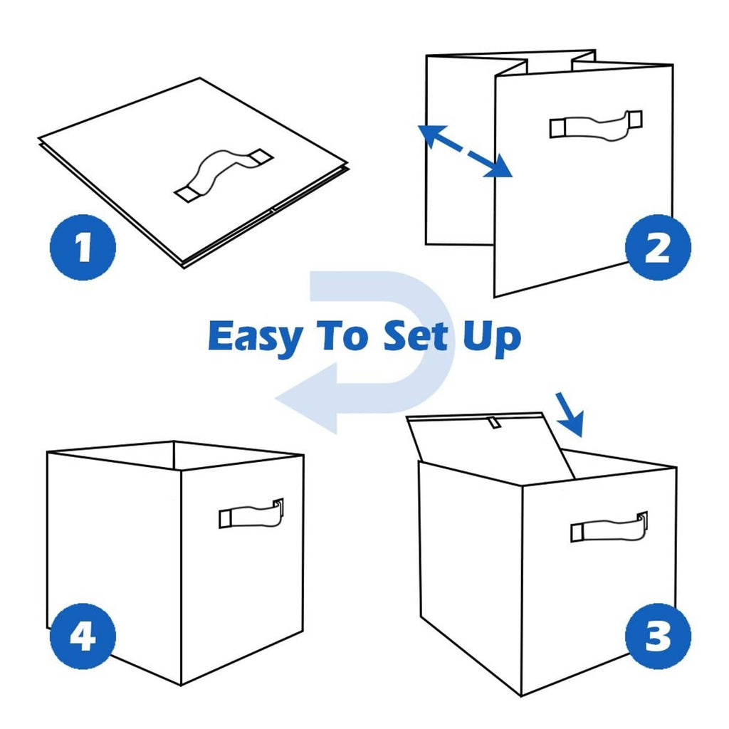 Assembly diagram for a foldable fabric storage bin with step-by-step setup