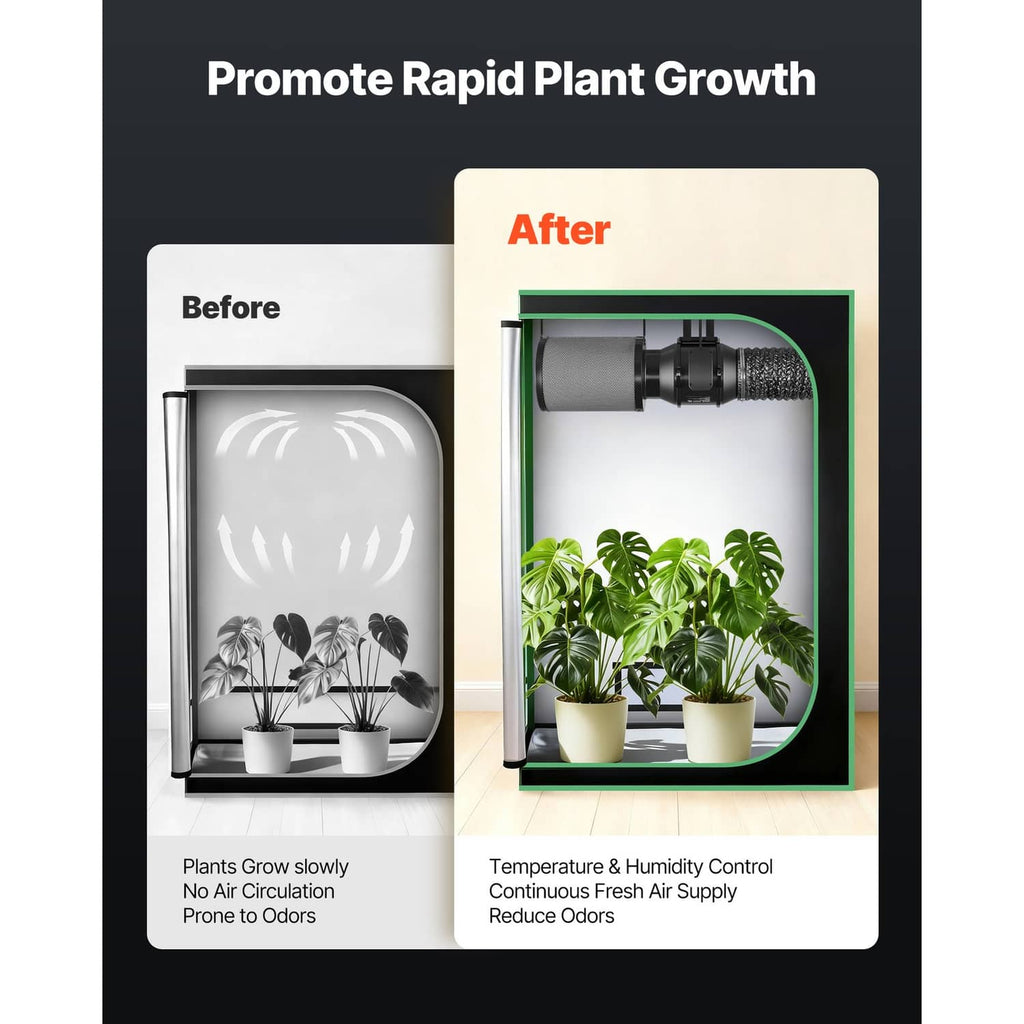 Before-and-after airflow infographic showing an inline duct fan with filter for odor reduction