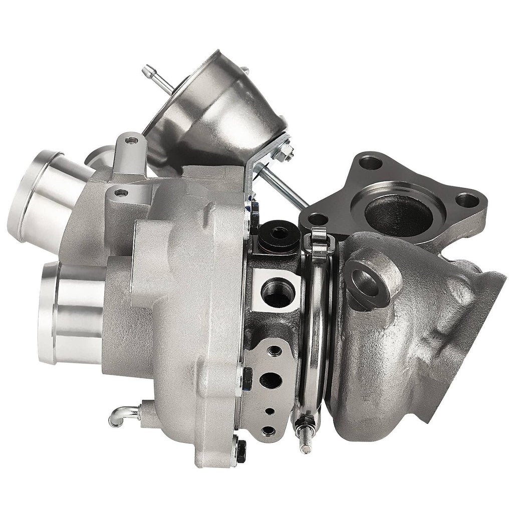 Turbocharger side profile with silver compressor housing and inlet pipe connections