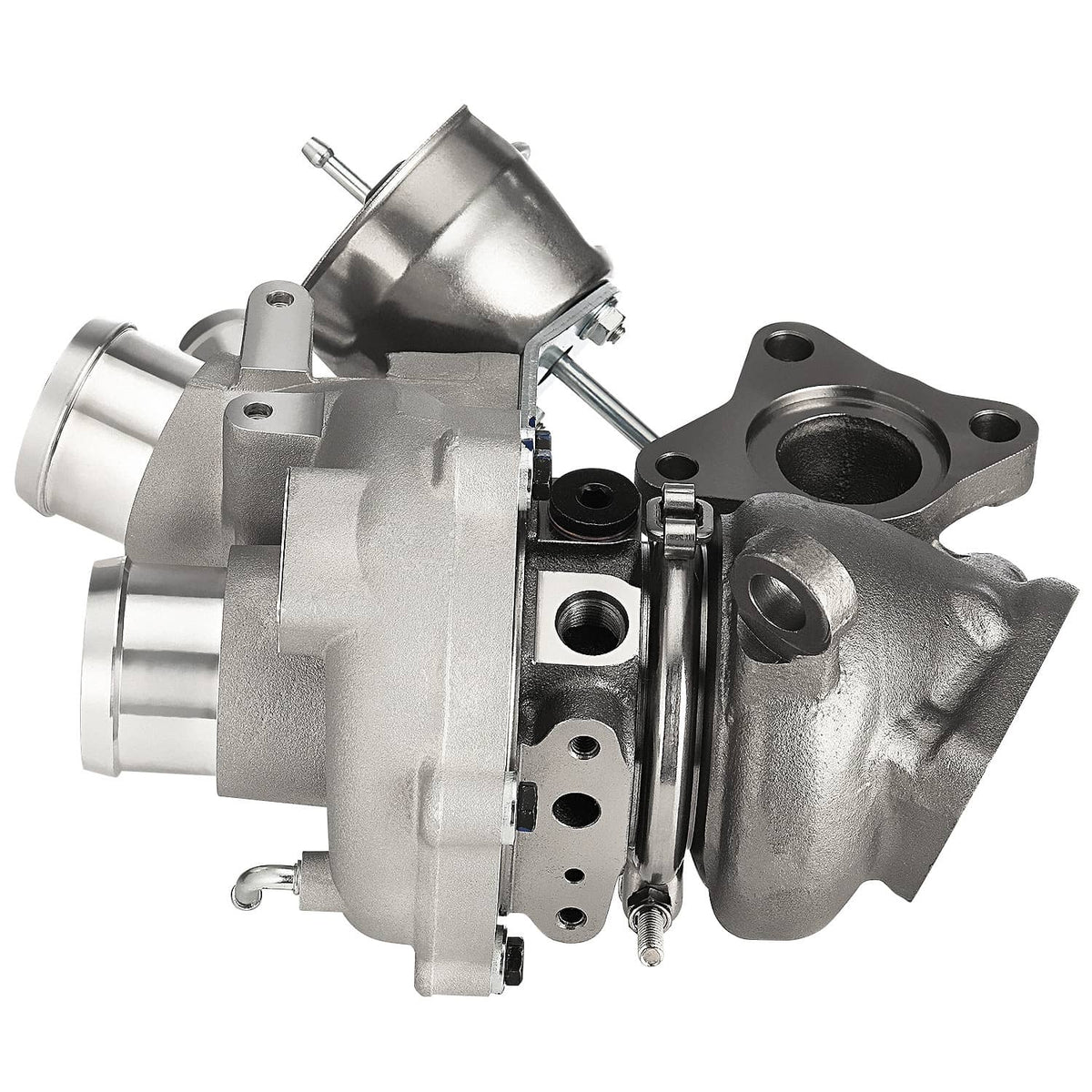Turbocharger side profile with silver compressor housing and inlet pipe connections