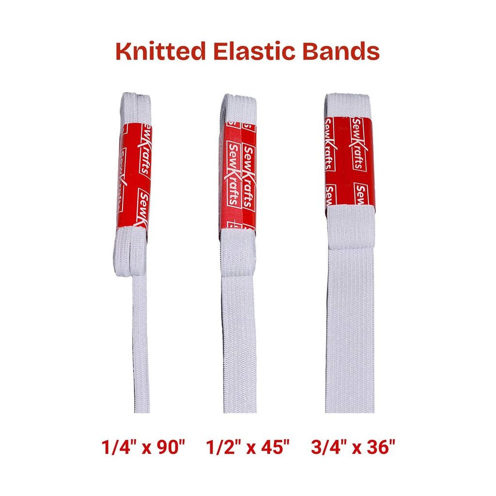 Three white knit elastic bands: 1/4, 1/2, and 3/4 inch widths