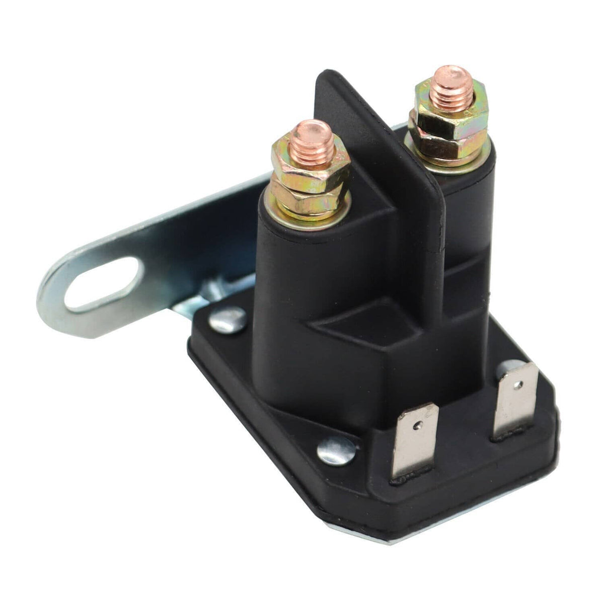Starter relay solenoid with black plastic housing and metal mounting tab, two threaded posts