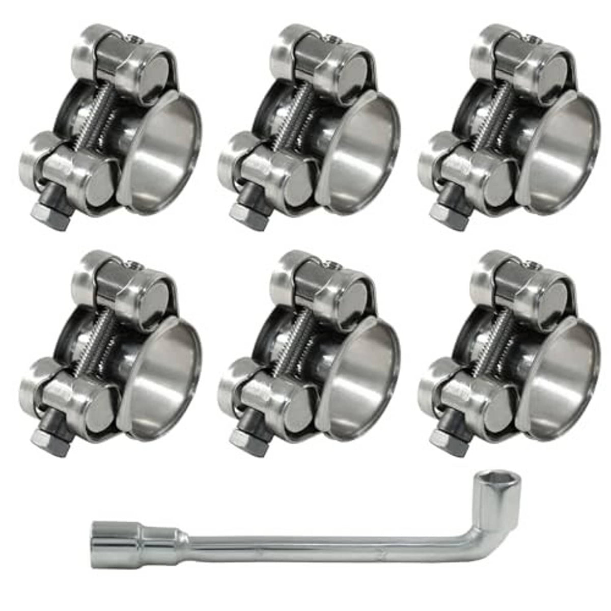 Six stainless T-bolt hose clamps with metal bands and one L-shaped wrench