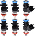 Set of black fuel injectors with blue tops and red-orange seals, each with an electrical connector