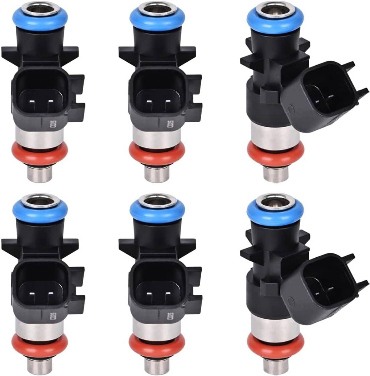 Set of black fuel injectors with blue tops and red-orange seals, each with an electrical connector
