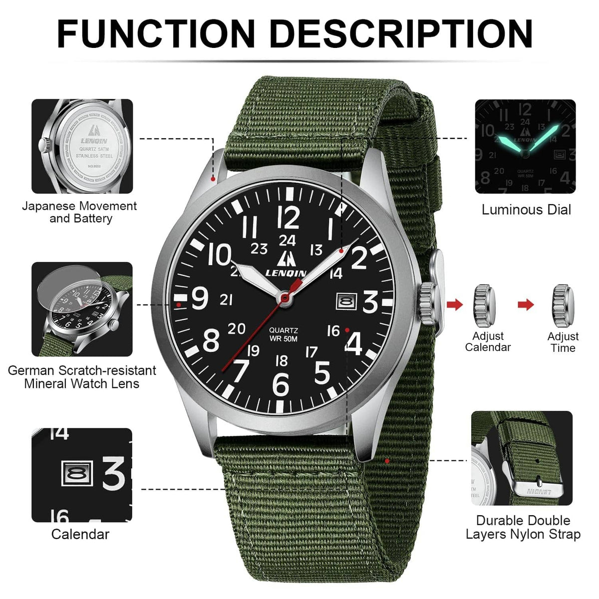 Men's military sport analog watch with black dial, silver case, green nylon strap