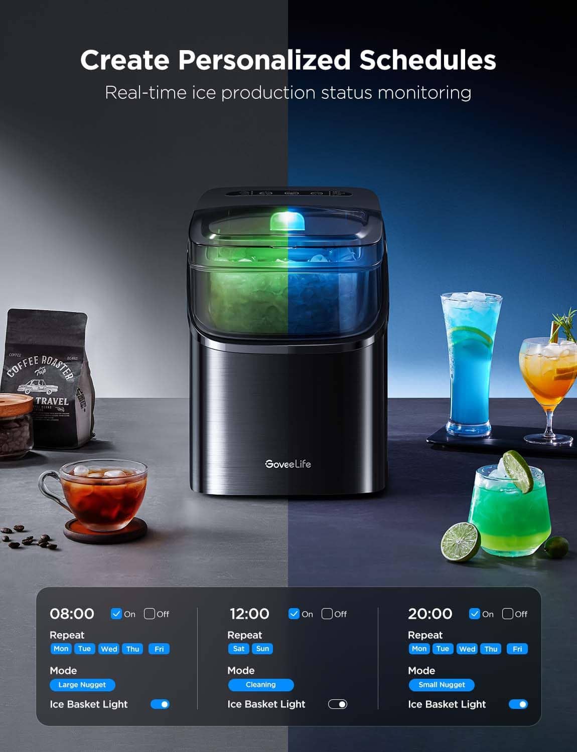 Countertop ice maker with multi-color status light and scheduled ice-making display