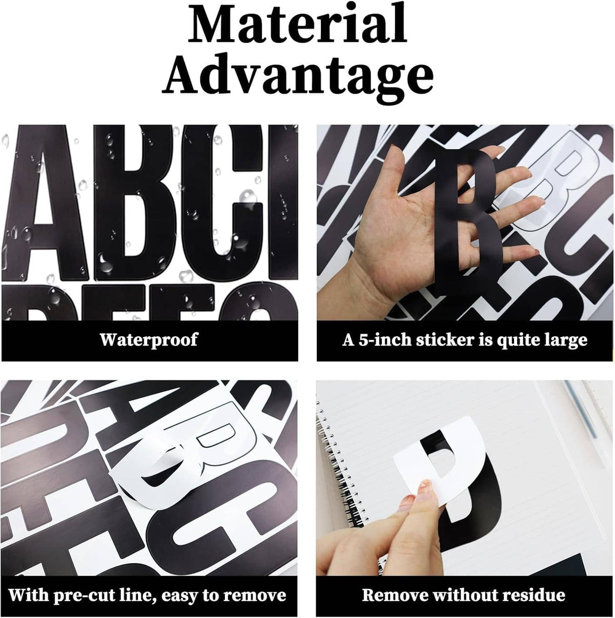 Black alphabet stickers showing waterproof, easy to remove, residue-free claim