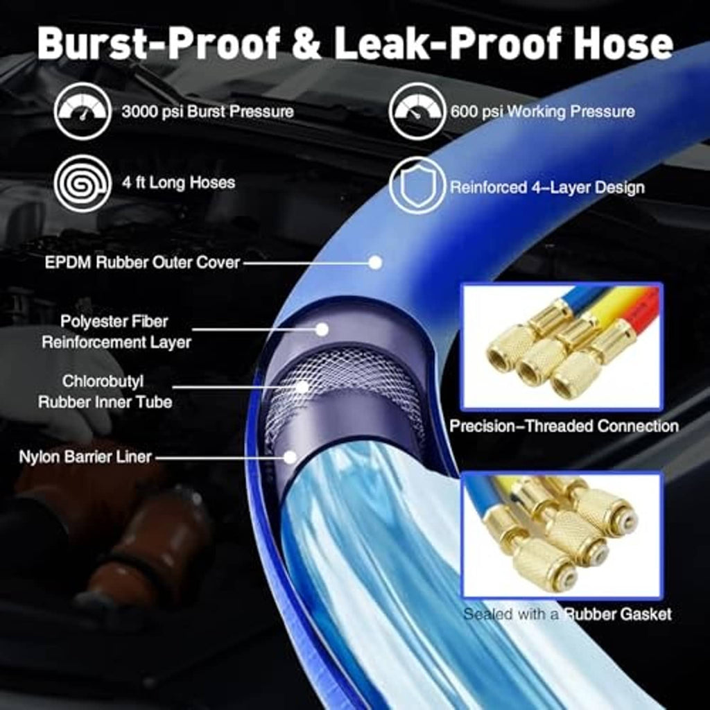 Reinforced blue AC manifold hoses with brass threaded connections and sealed rubber gasket