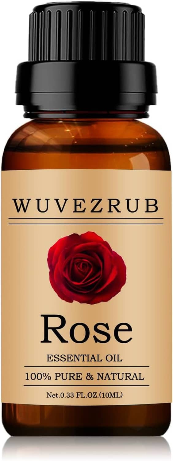 Rose essential oil bottle, 10 mL amber glass, black ribbed cap, WUVEZ RUB label