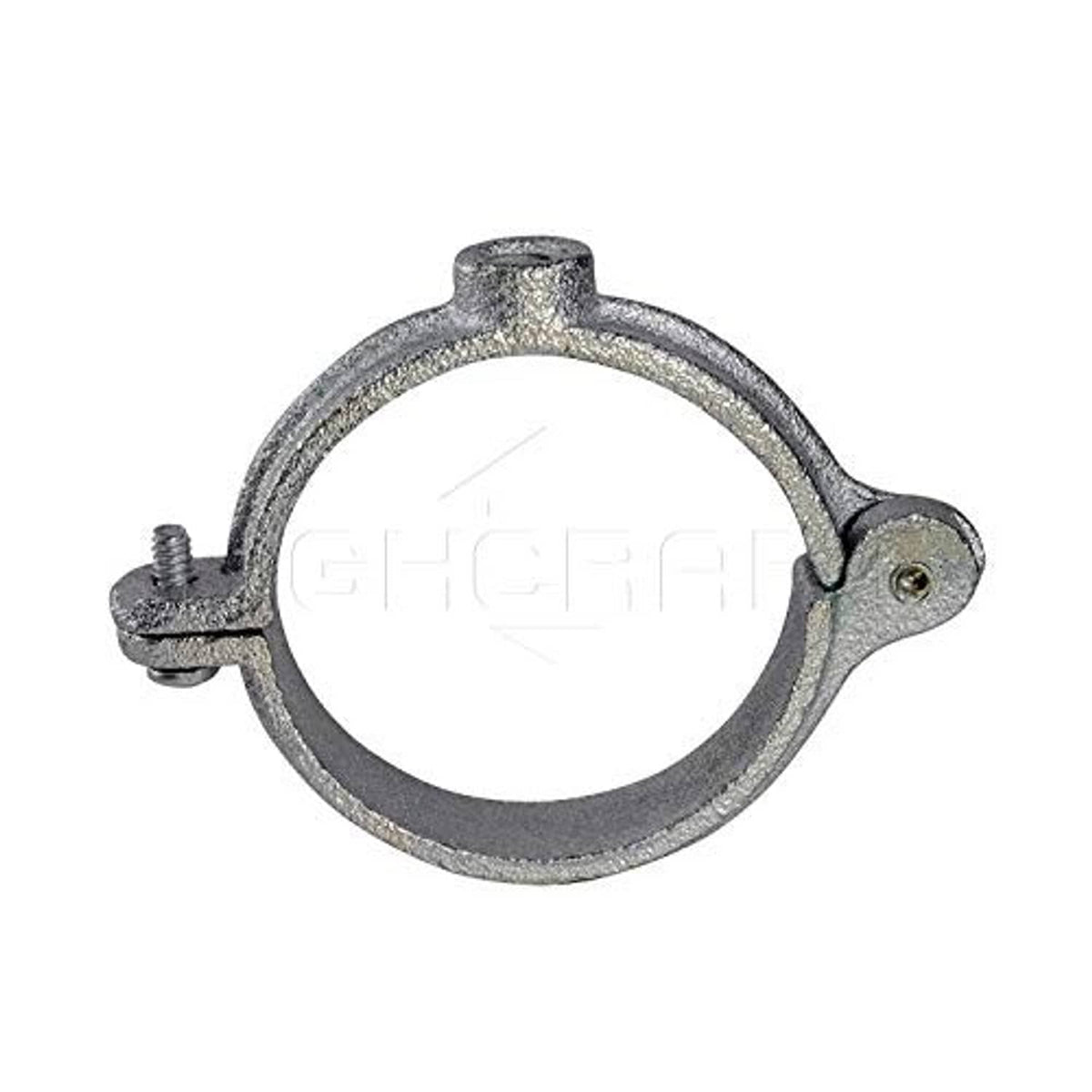 Gray hinged split ring pipe hanger close-up with threaded bolt and latch