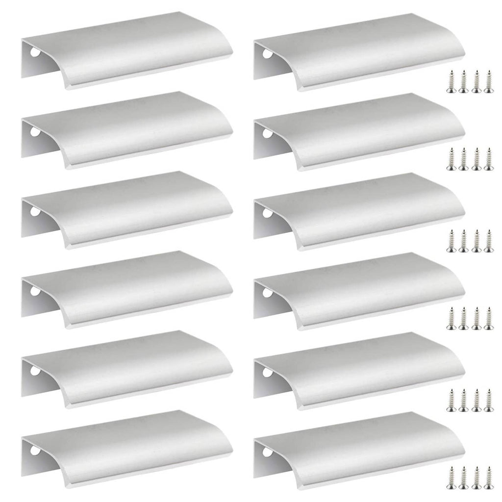 Silver aluminum back-mount finger pull handle, 80mm, with screws shown