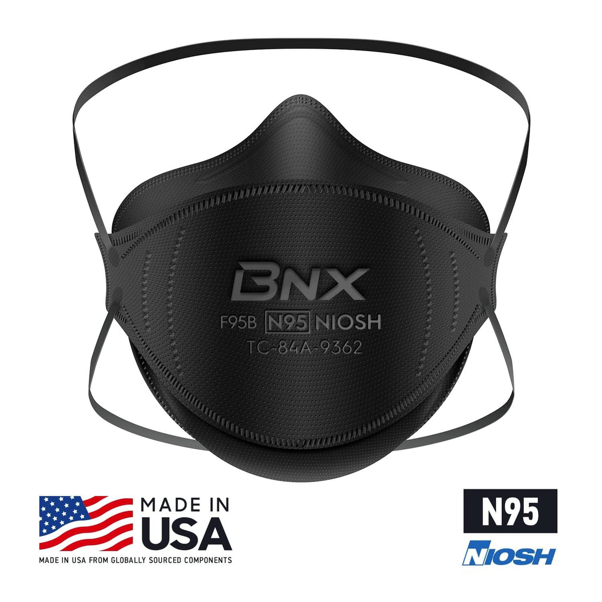 Black N95 respirator mask front view with headband straps
