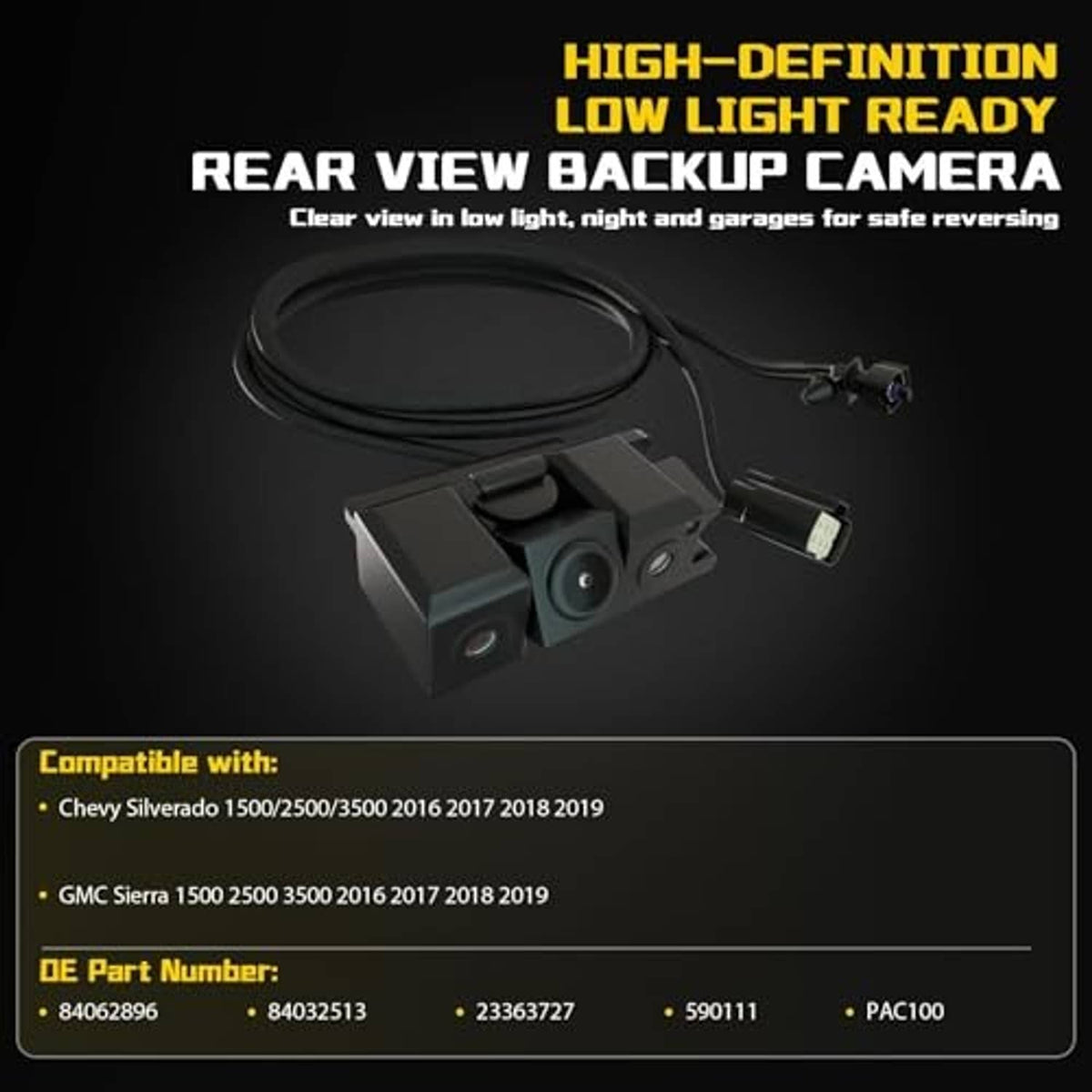 Rear view backup camera kit with cables and dual-lens module for rear mounting