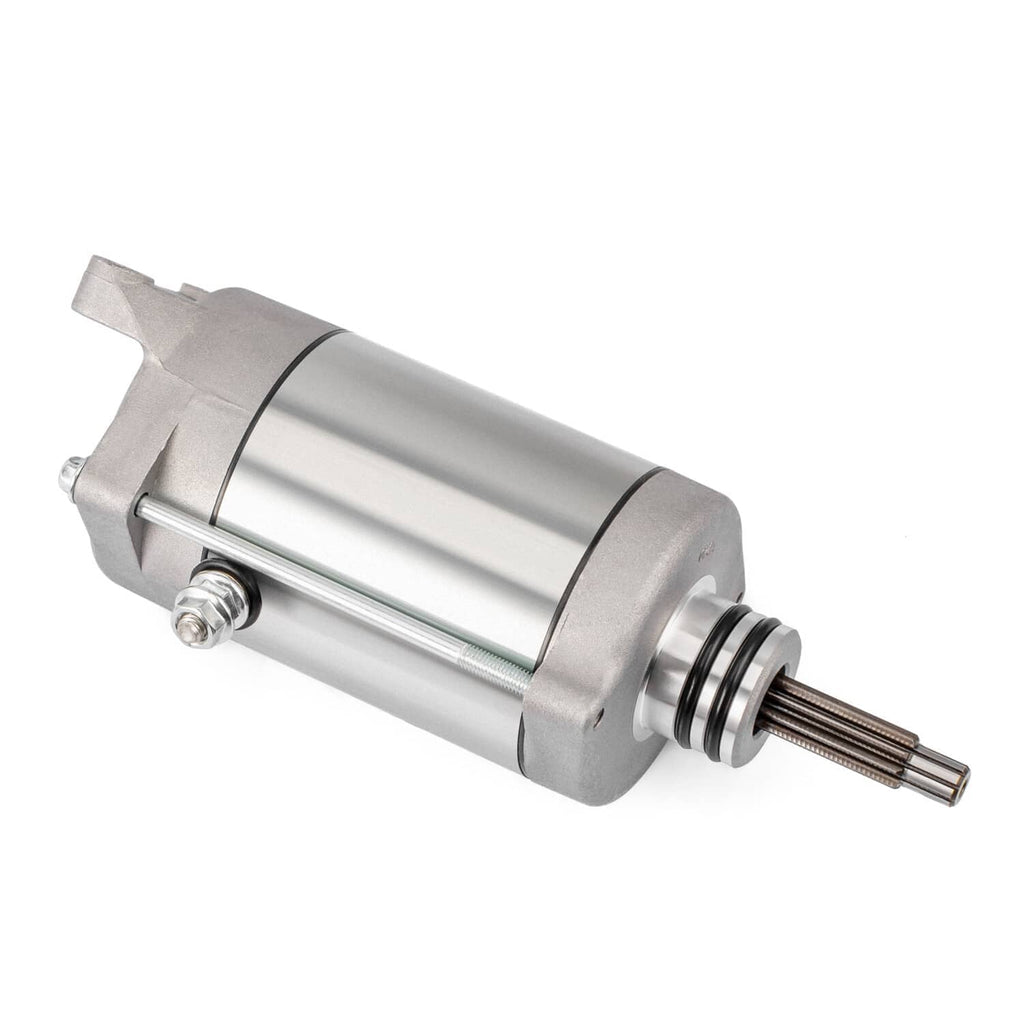 Silver cylindrical starter motor with drive shaft and side mounting ears