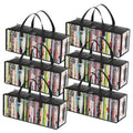 Six clear PVC DVD storage bags with black handles; DVDs visible through front window
