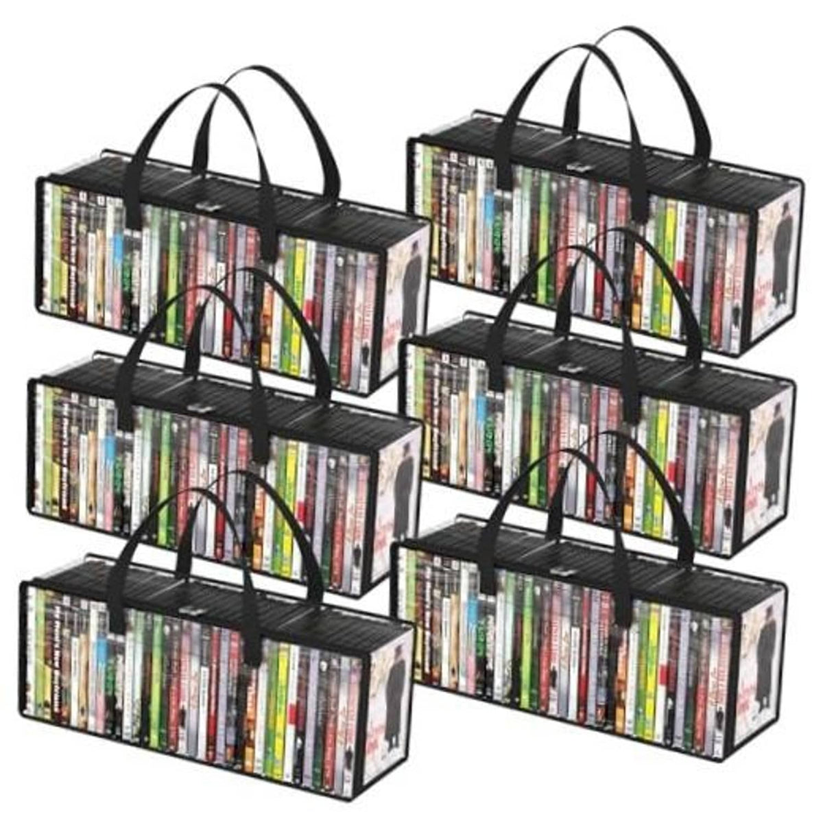Six clear PVC DVD storage bags with black handles; DVDs visible through front window