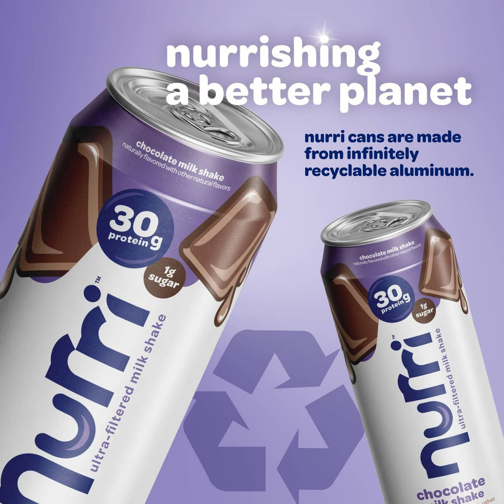 Pack of chocolate milk shake cans with 30g protein labels and recyclable aluminum note