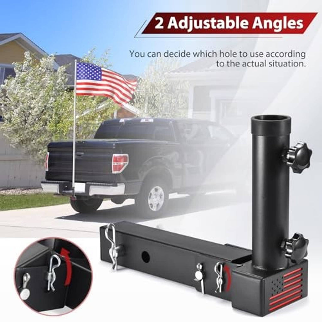 Black hitch flagpole mount with upright tube and U-shaped pin clips
