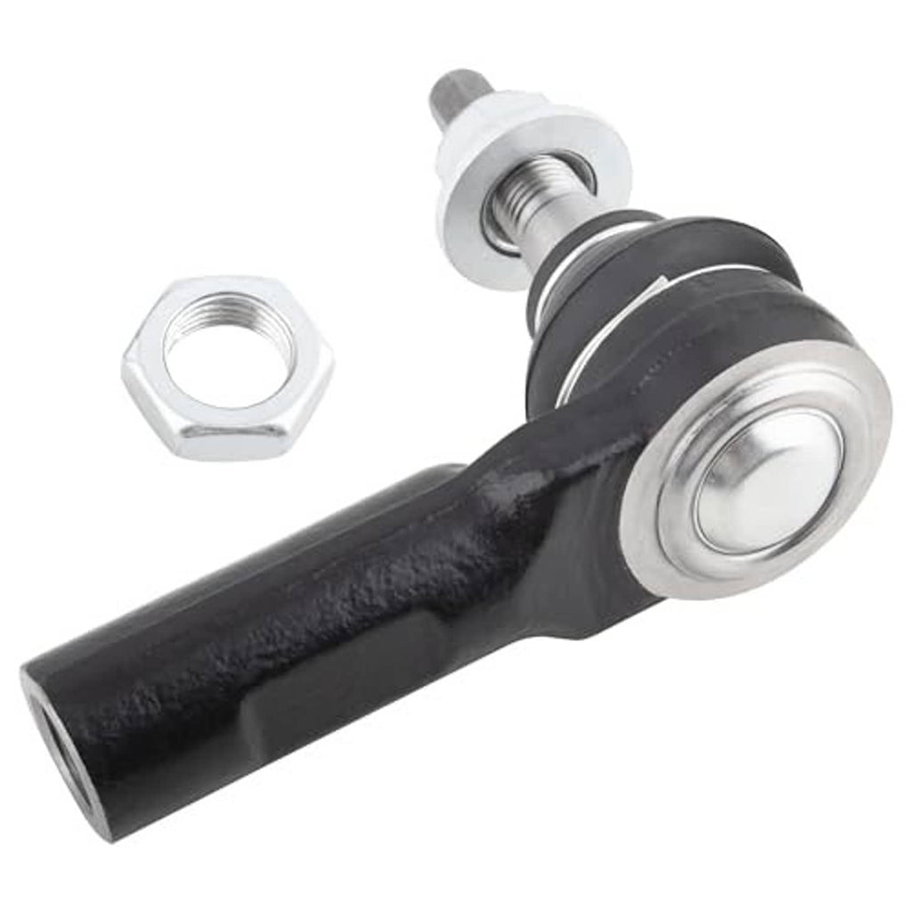 Tie rod end with black housing and chrome mounting stud, plus hex nut and washer
