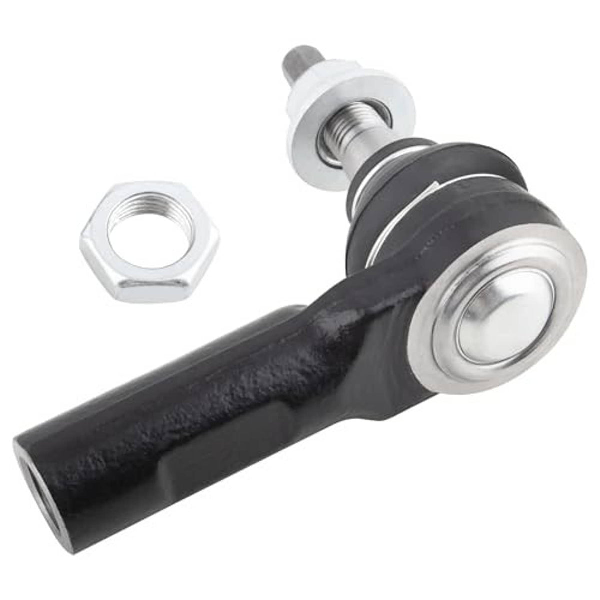 Tie rod end with black housing and chrome mounting stud, plus hex nut and washer