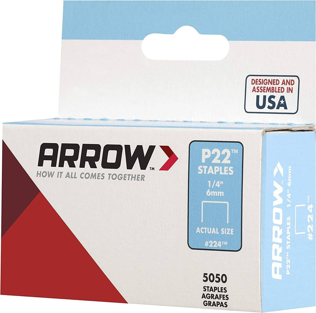 Arrow P22 staple box front with 1/4 in (6mm) actual size and 5050 staples