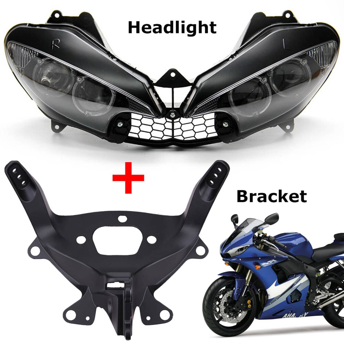 Black front headlight and upper fairing stay bracket kit with mesh grille