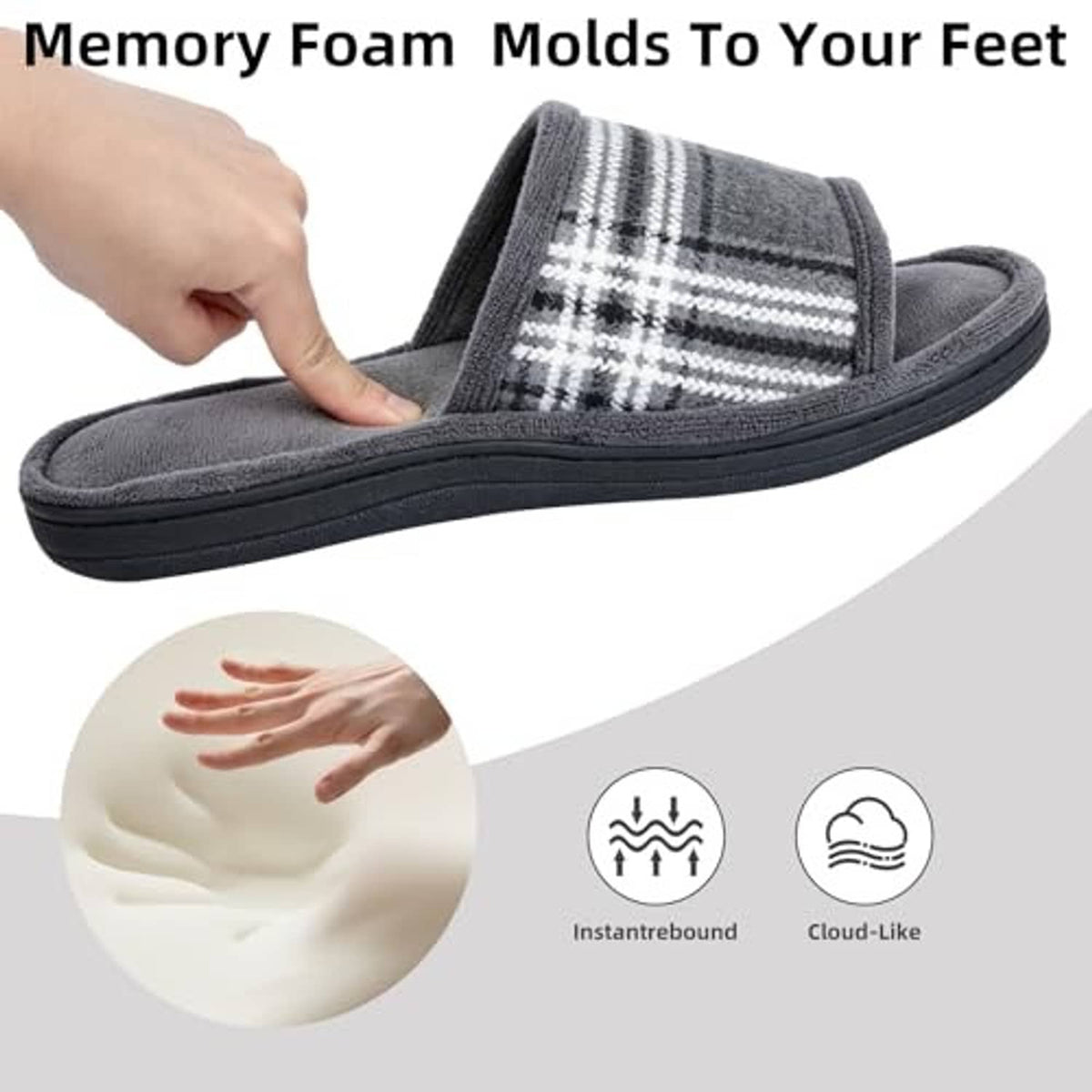 Grey open-toe slide slippers with plaid strap and thick cushioned sole, close-up