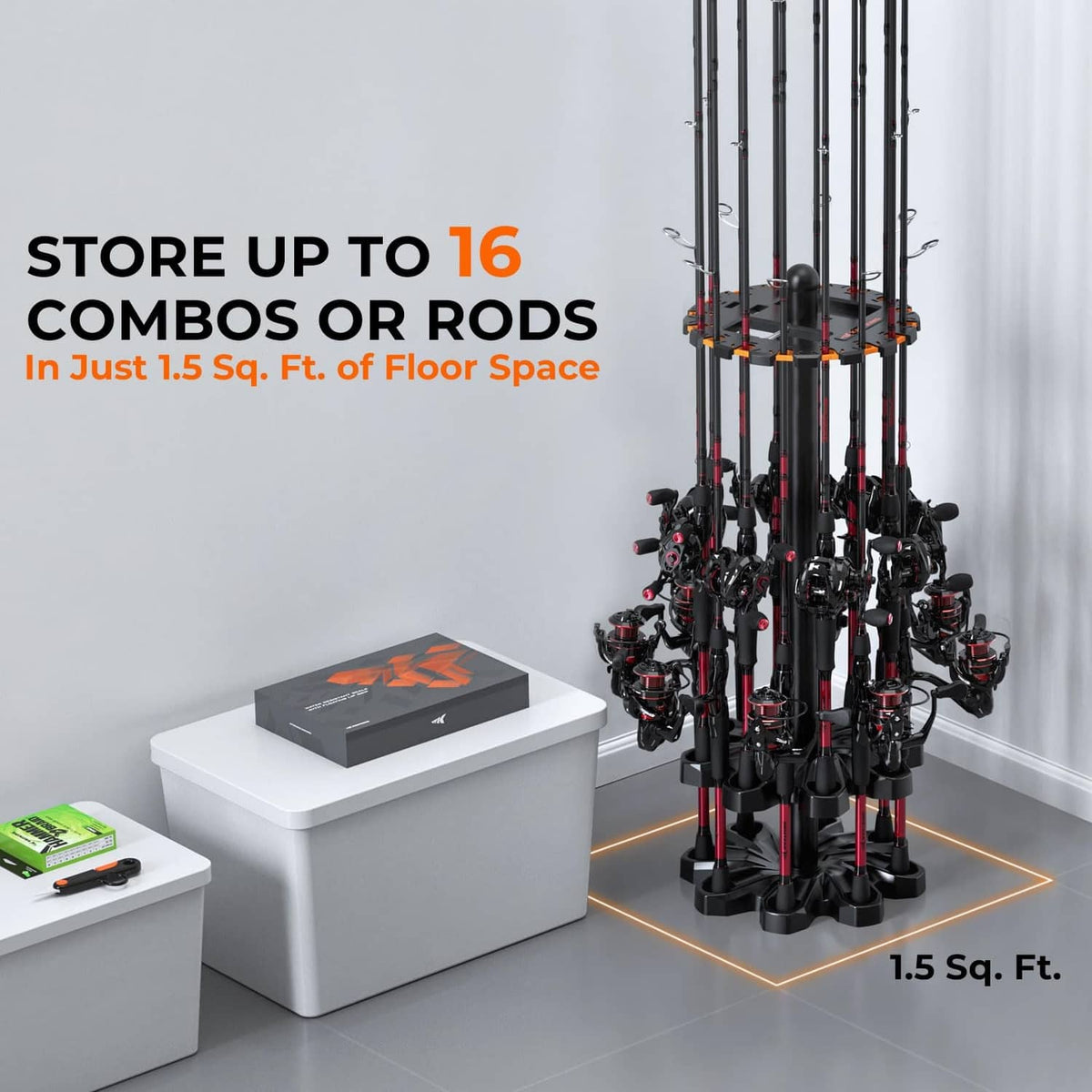 Black fishing rod holder stand with upright rod tubes and multiple reel slots