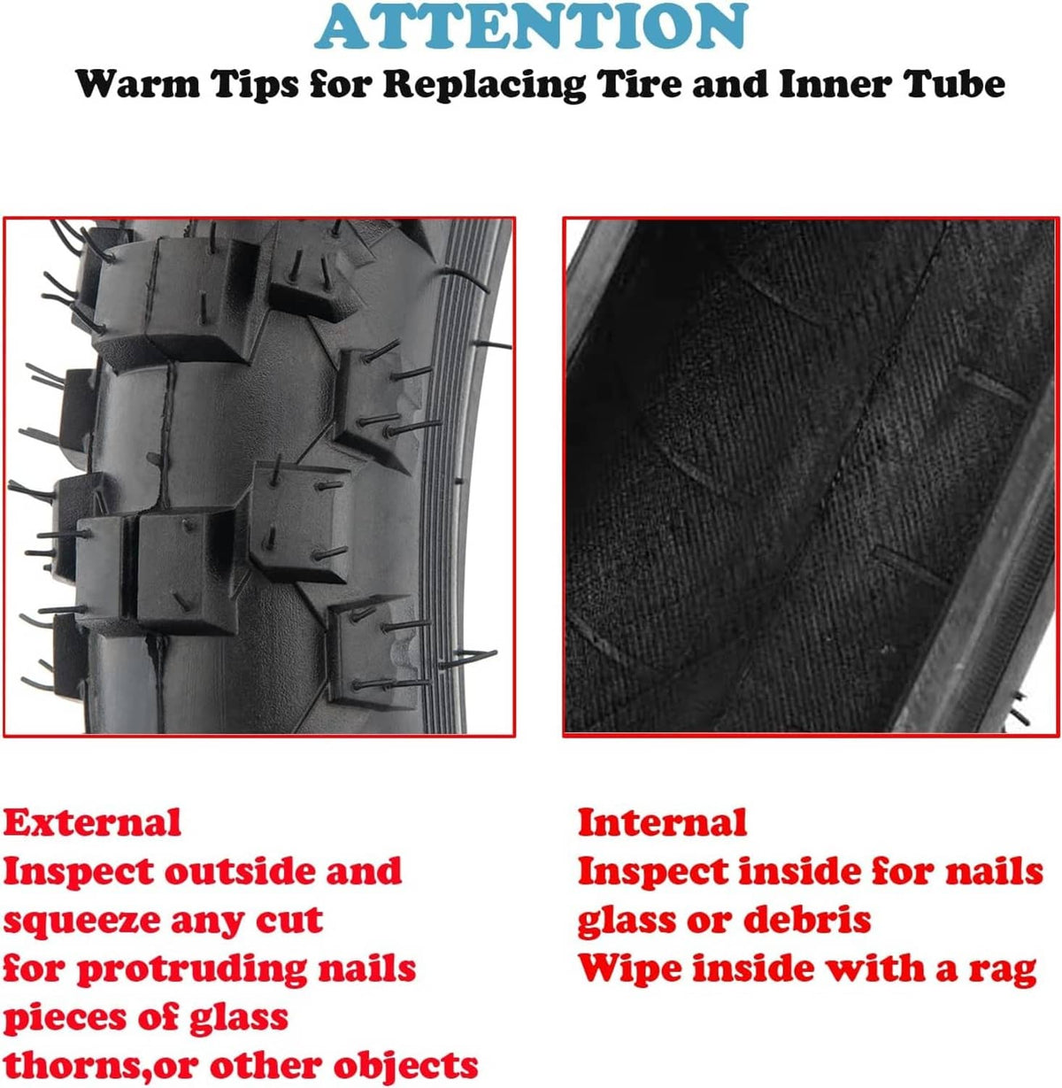 Knobby tire tread exterior and inner tube lining close-up