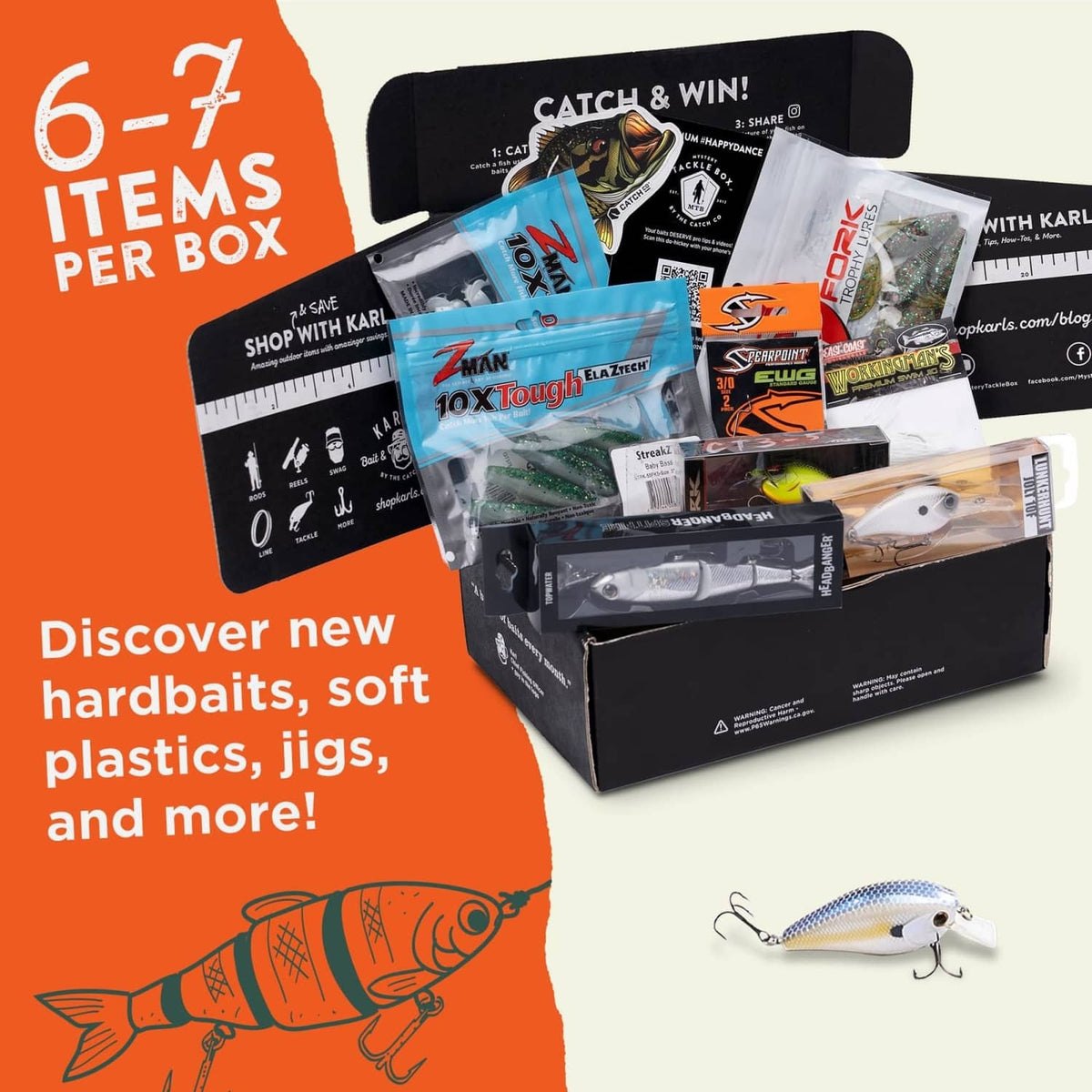 Mystery Tackle Box Pro kit with assorted fishing lures, baits, and packaging