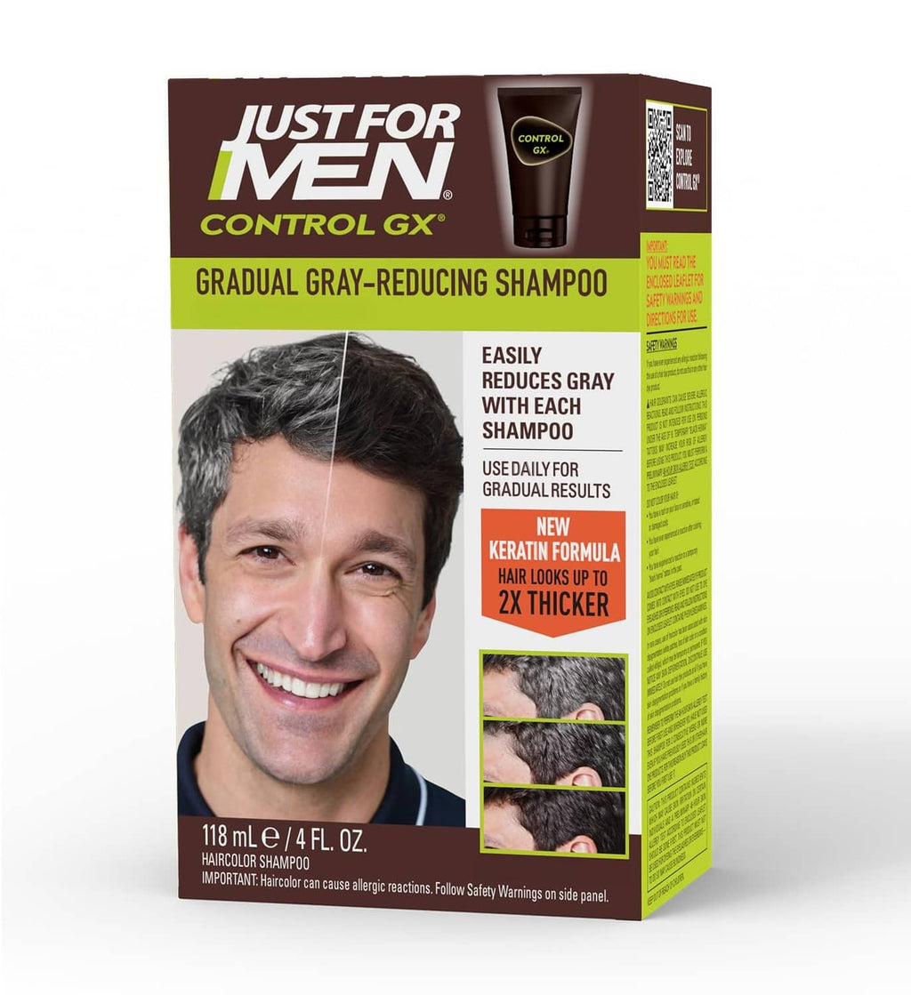 Just For Men Control GX gradual gray-reducing shampoo box with tube and details