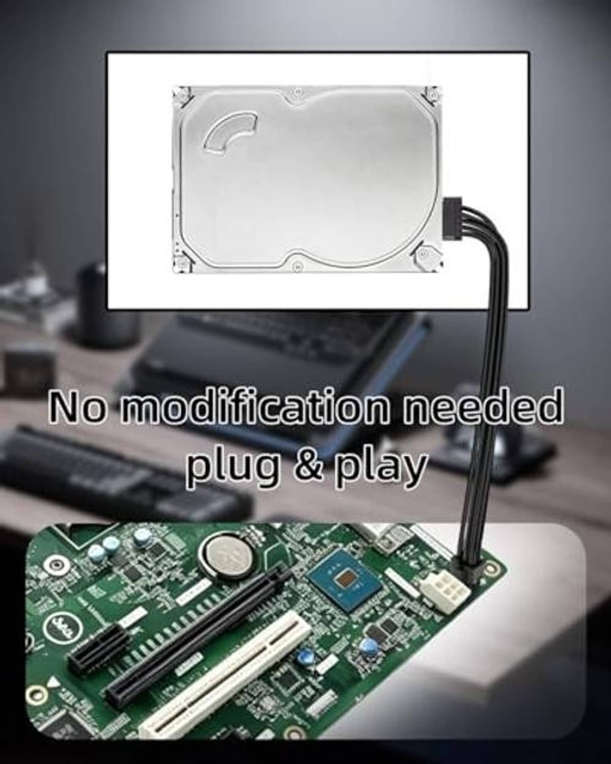Black SATA power cable connected to a green circuit board via mini 4-pin plug.