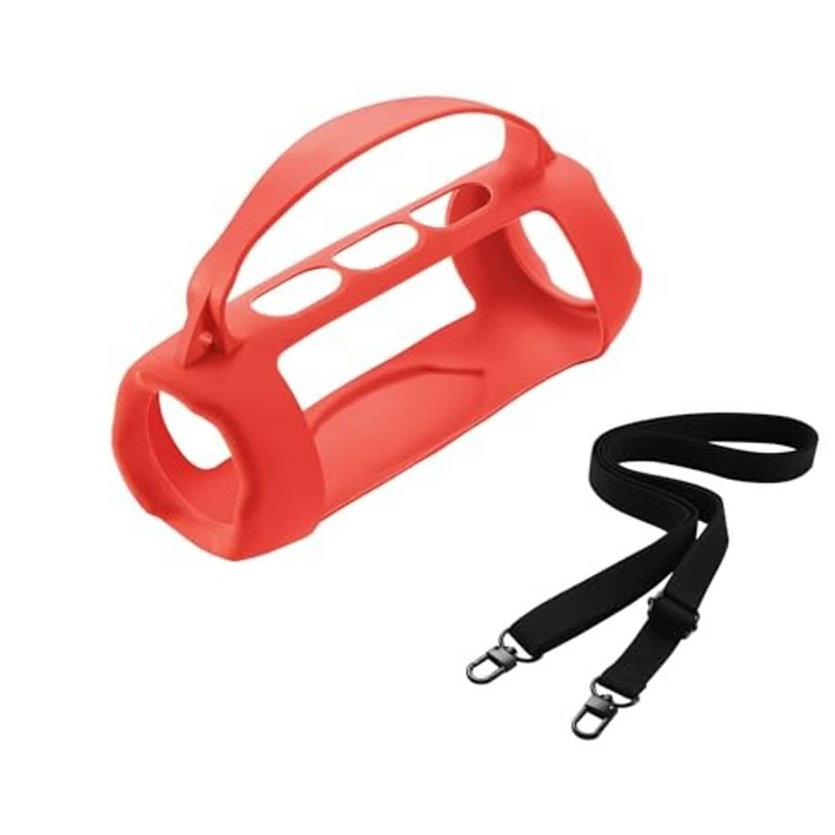 Red silicone speaker case with open handle and black adjustable shoulder strap