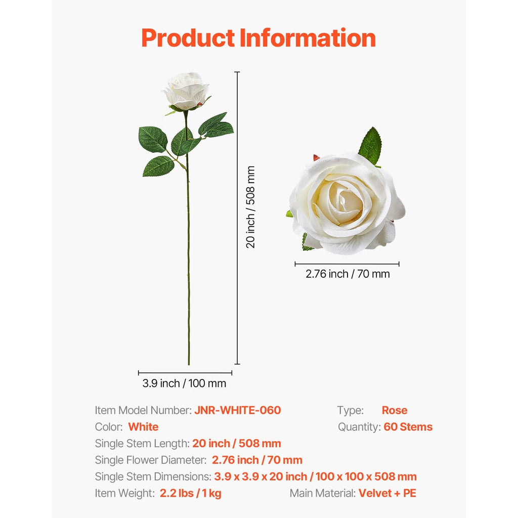 White artificial rose with green leaves and long stem, product size diagram