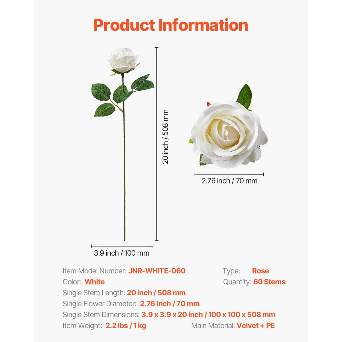 White artificial rose with green leaves and long stem, product size diagram