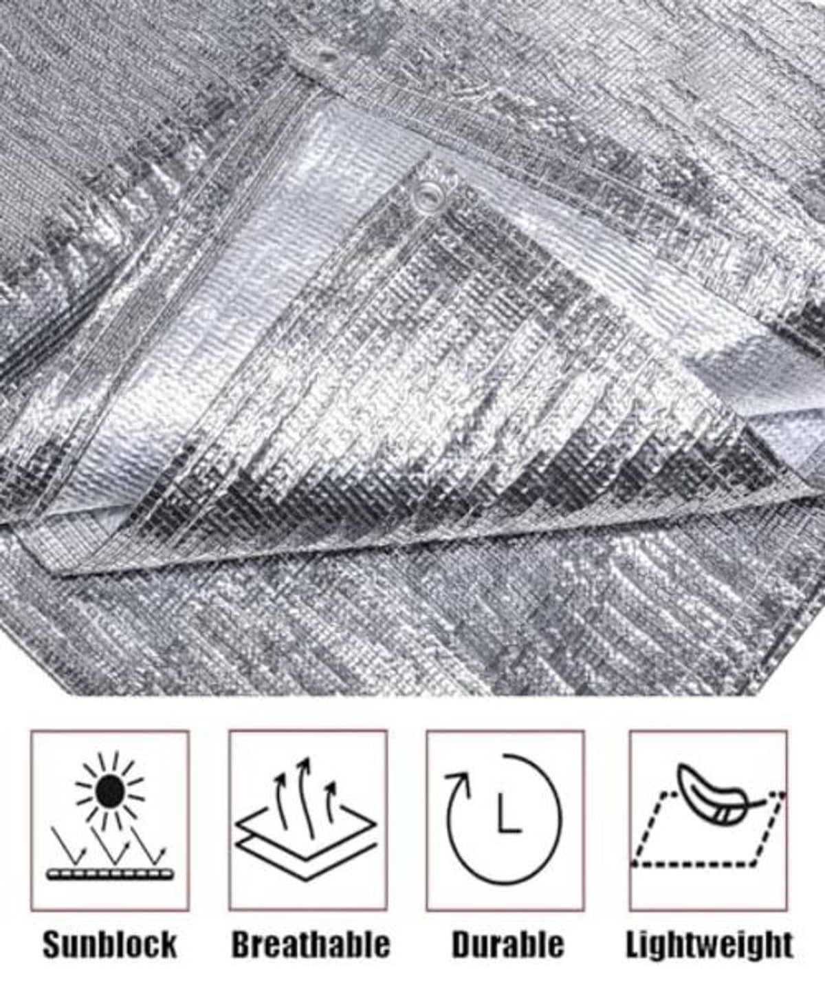 Silver mesh sun shade cloth canopy with layered folds and durable woven texture