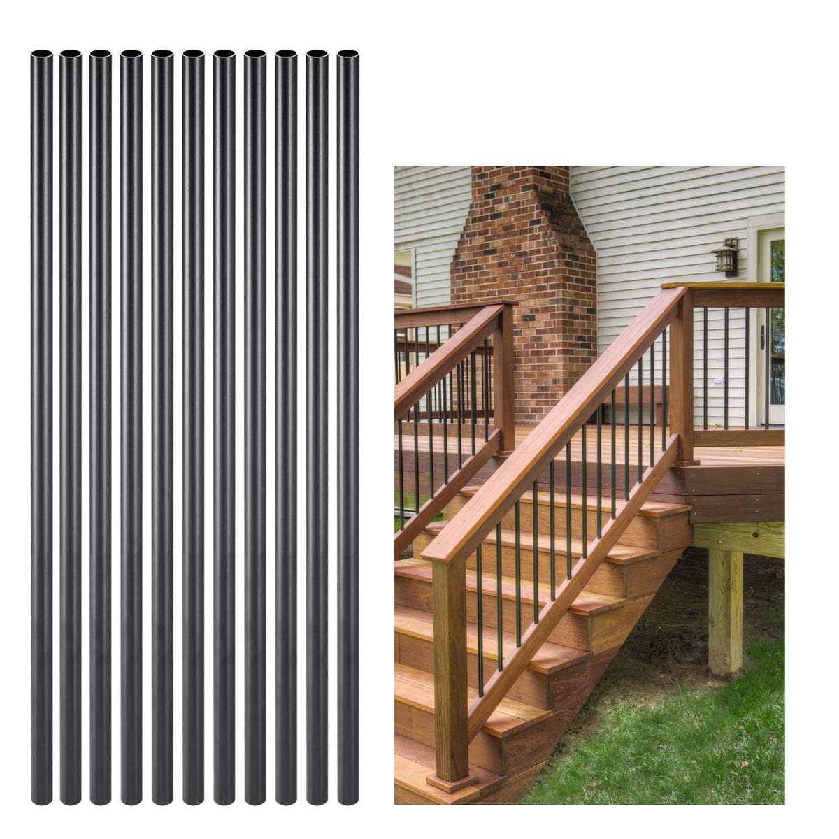 Matte black deck railing balusters with round tubes and outdoor wooden railing