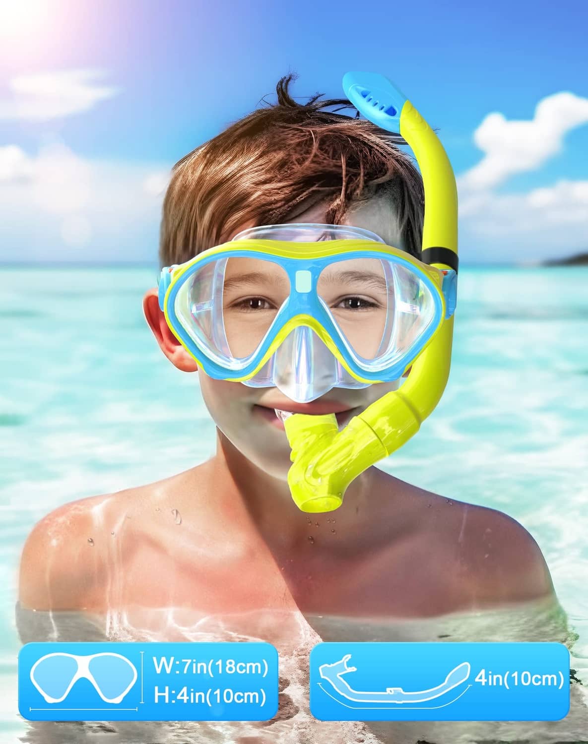 Yellow and blue kids snorkel mask with clear lenses and flexible snorkel tube