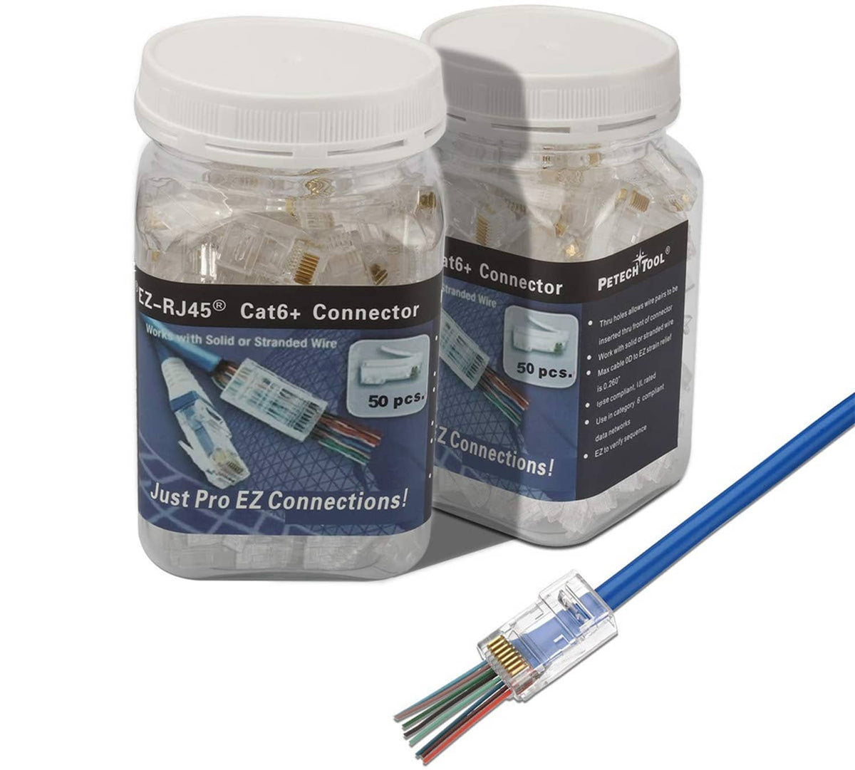 RJ45 Cat6+ connector kit with two jars and one clear connector with wire